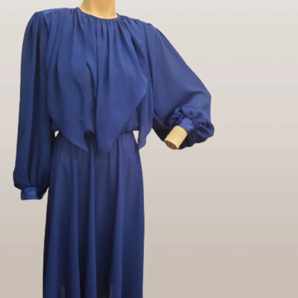 Retro Blue Chiffon  long sleeve dress - Picture 1 of 7